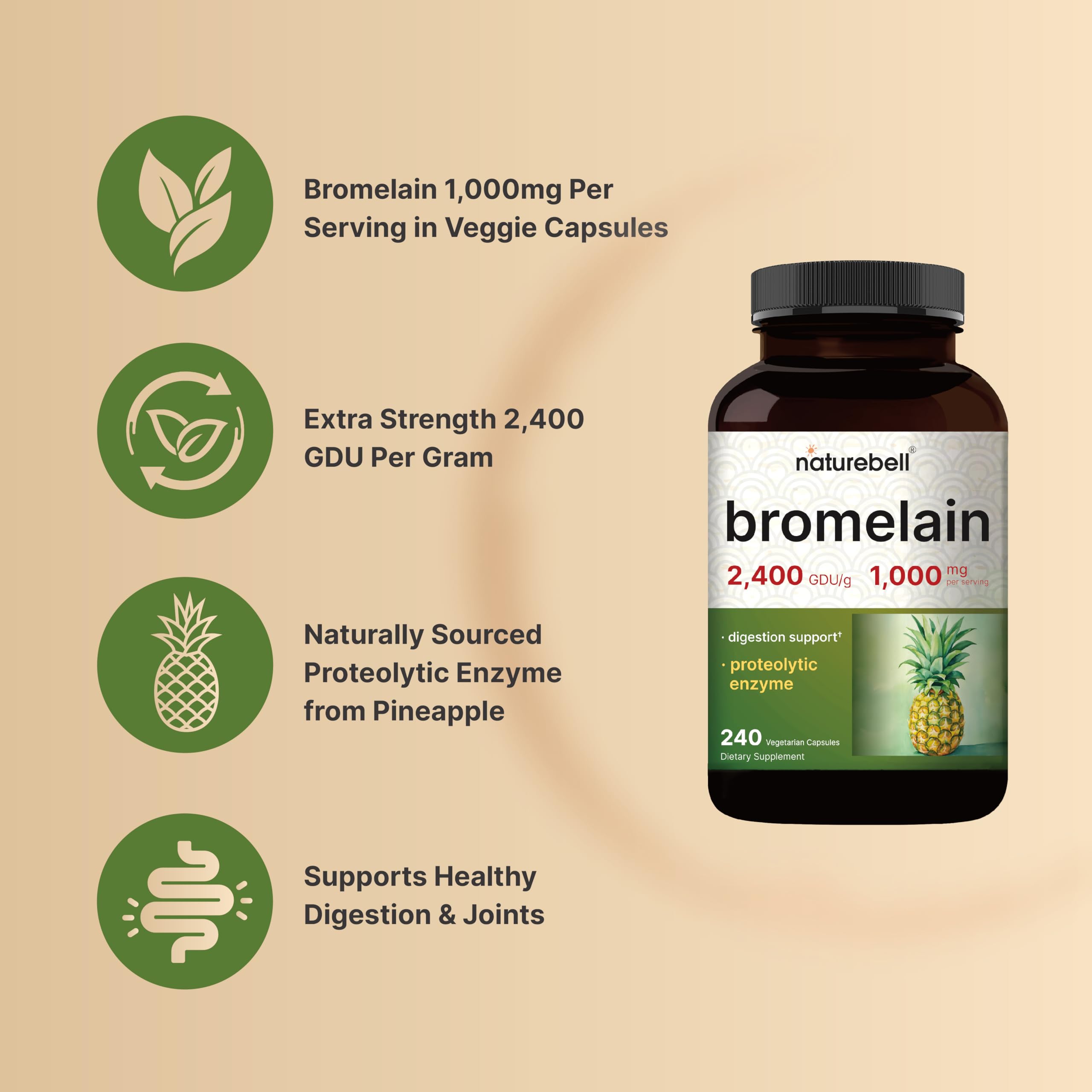 NatureBell Bromelain 1,000mg per Serving | 240 Veggie Capsules | 2,400 GDU | Digestive Enzymes & Joint Support