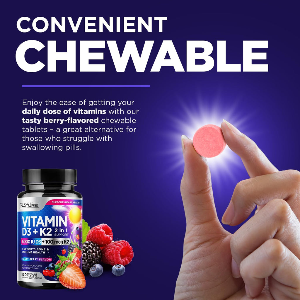 Vitamin D3 K2 Chewable 5000 IU + 100 mcg MK-7 – 2 in 1 Immune, Heart & Bone Support | Berry Flavor | Non-GMO | 120 Tablets