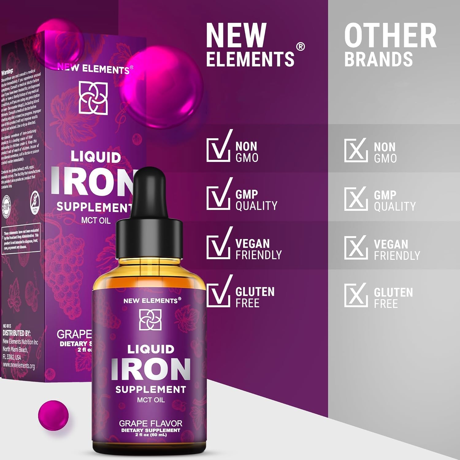 Iron Supplement for Women & Men – Liquid Drops (2oz) with MCT Oil, Natural Grape Flavor, Immune Support