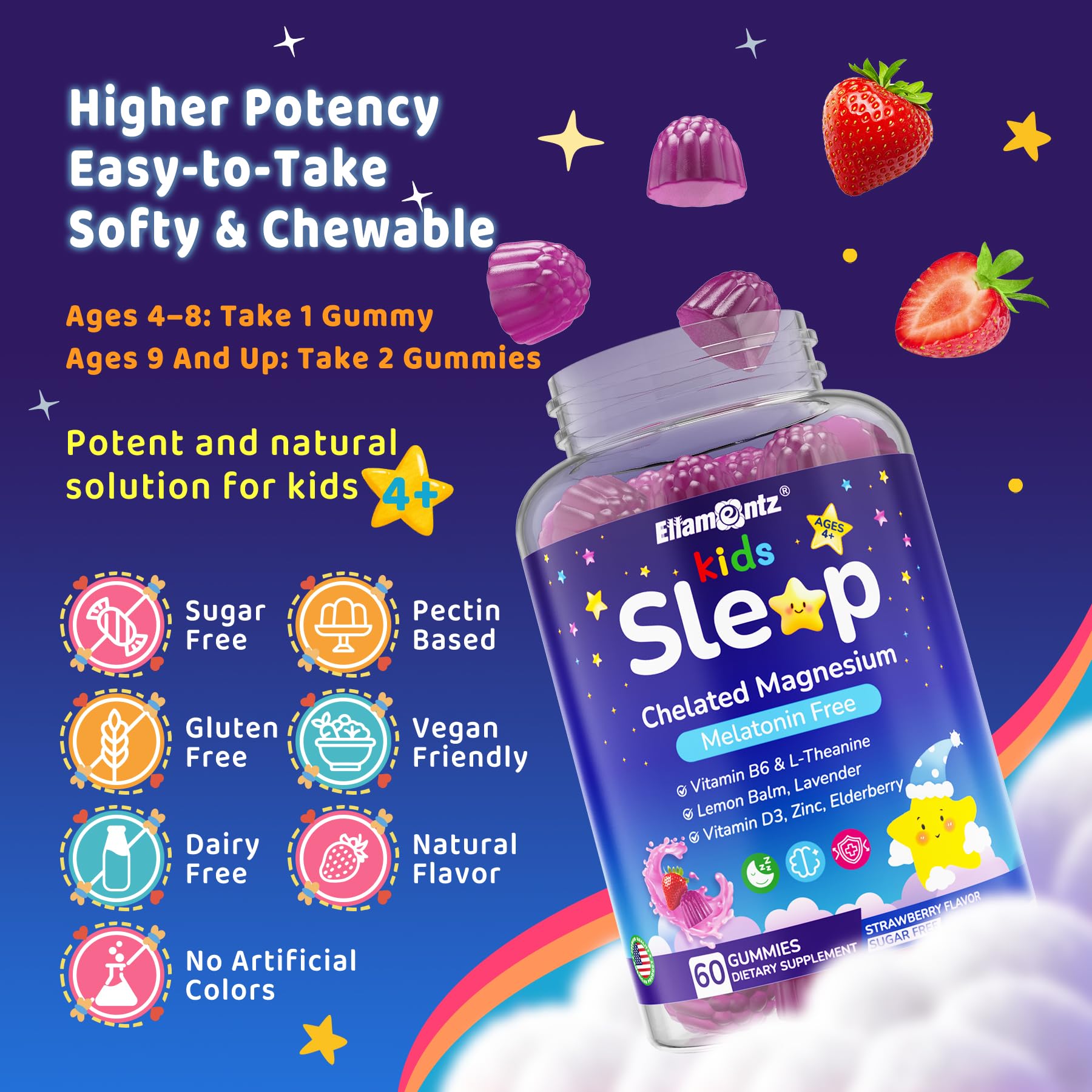 Kids Sleep Gummies - No Melatonin with Magnesium Glycinate, L-Theanine, Zinc & D3K2 | Immune Support