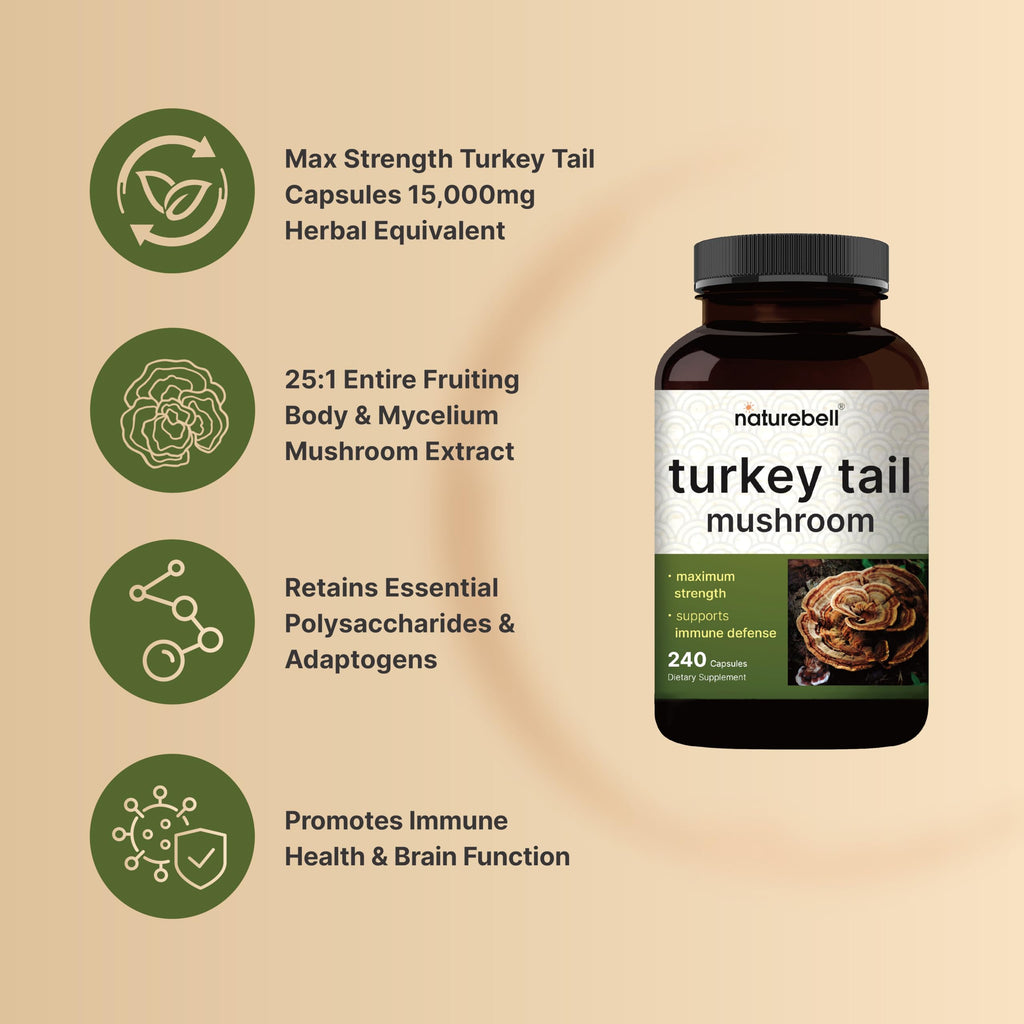 NatureBell Turkey Tail Mushroom Capsules – 15,000mg/Serving, 240 Count, 25:1 Extract (Pack of 2) | Immune & Brain Health