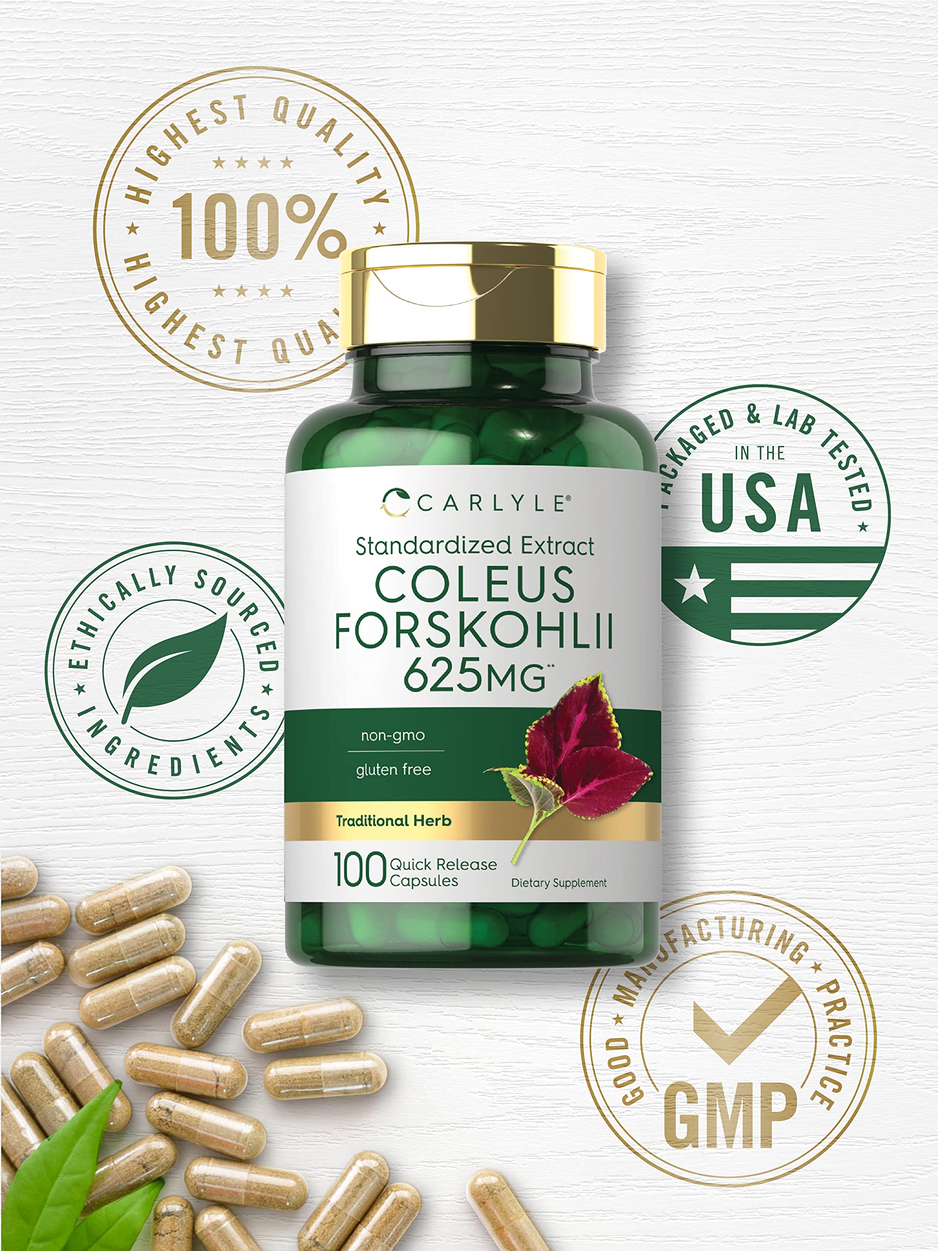 Carlyle Coleus Forskohlii Capsules | 625mg | 100 Count | Non-GMO & Gluten Free Standardized Extract | Forskolin Supplement