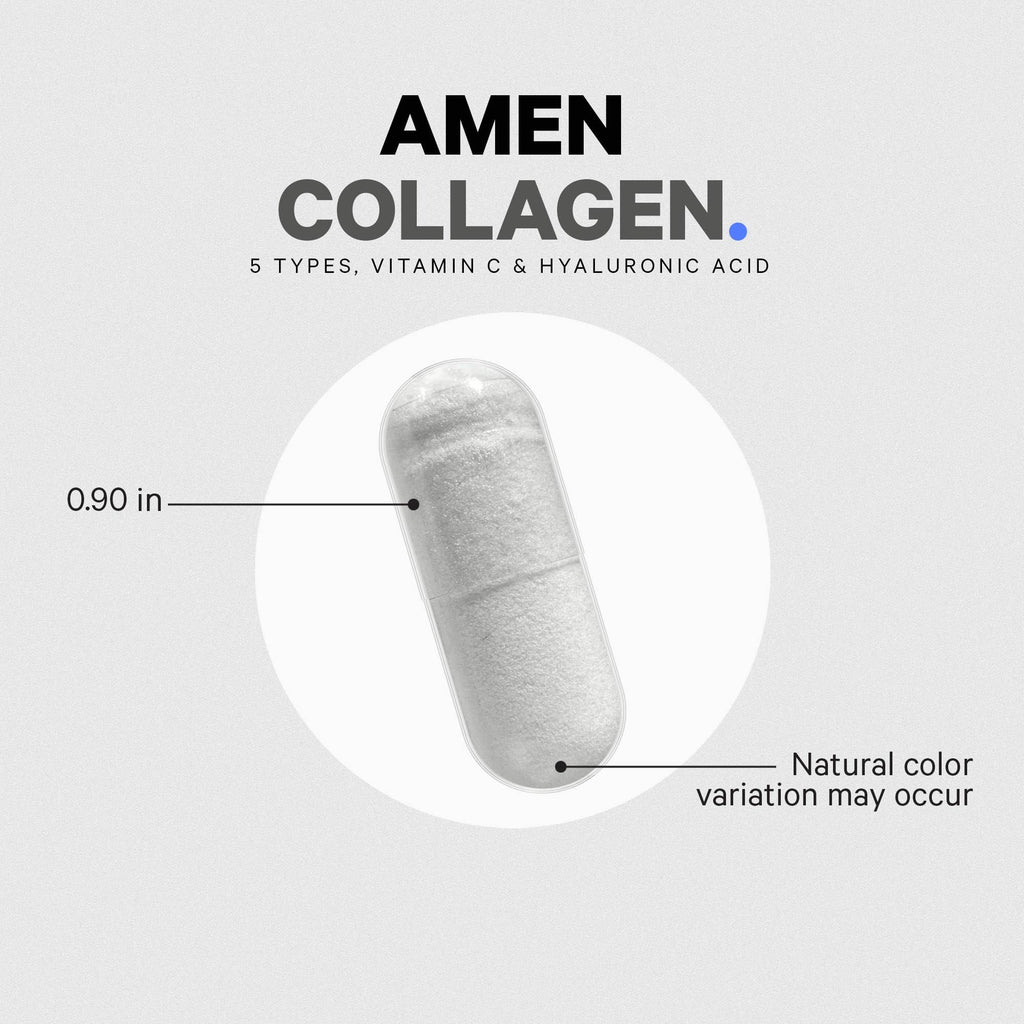 Amen Multi Collagen Peptides Capsules | 5 Types I-II-III-V-X + Hyaluronic Acid & Vitamin C | Grass-Fed, 90 Capsules