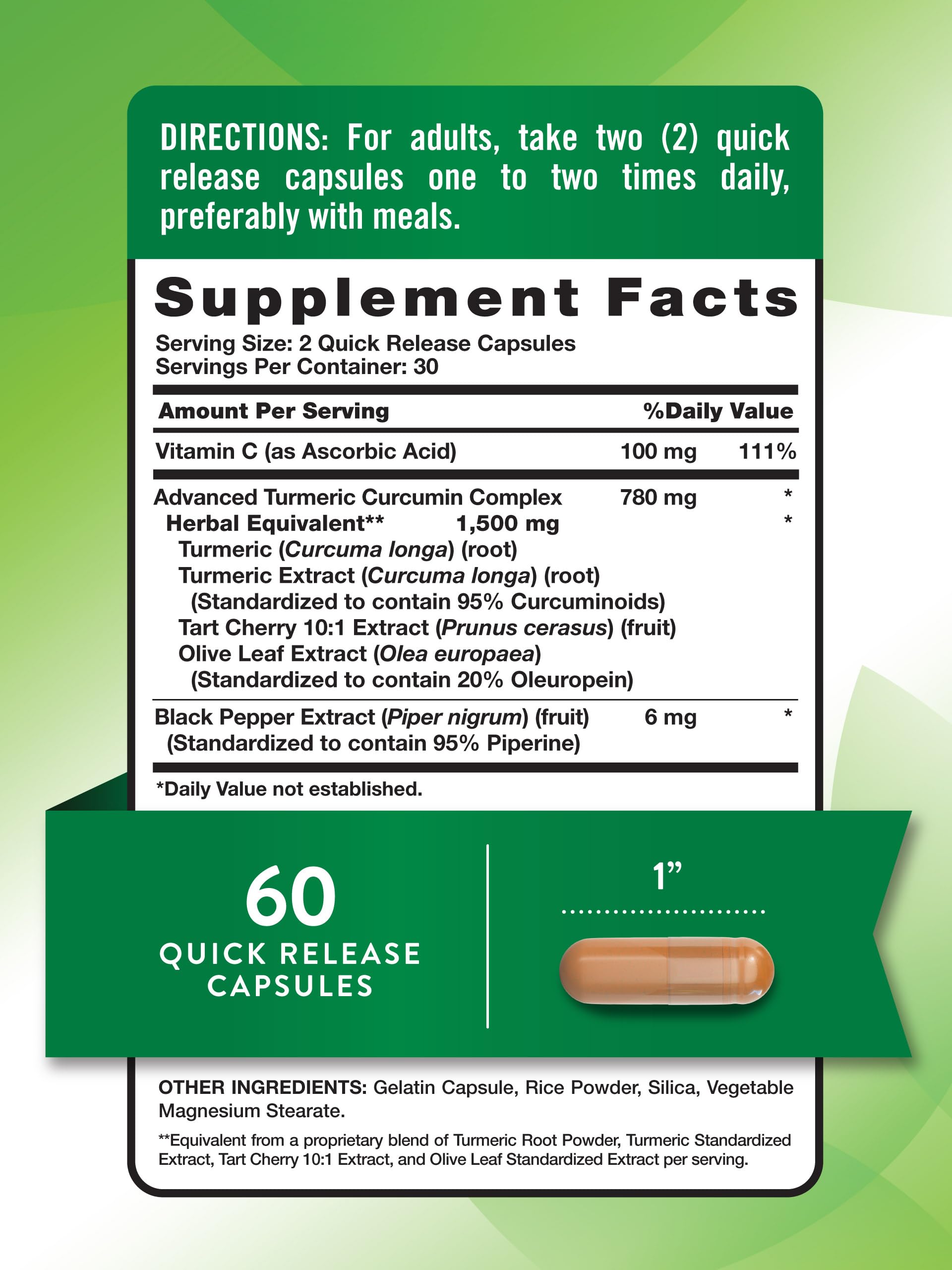 Nature's Truth Turmeric Curcumin 1500 mg – 60 Capsules | Black Pepper, Olive Leaf & Tart Cherry | Non-GMO & Gluten Free