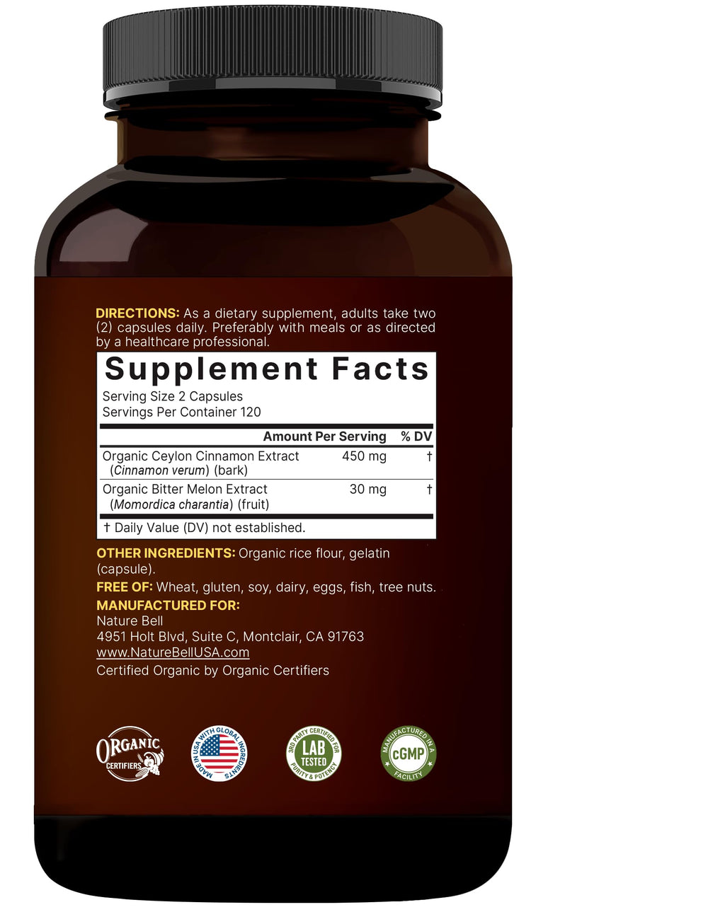 NatureBell Ceylon Cinnamon Per Serving - 240 Capsules | Organic Sri Lanka Cinnamon & Bitter Melon 2-in-1 Support | Non-GMO, Gluten-Free