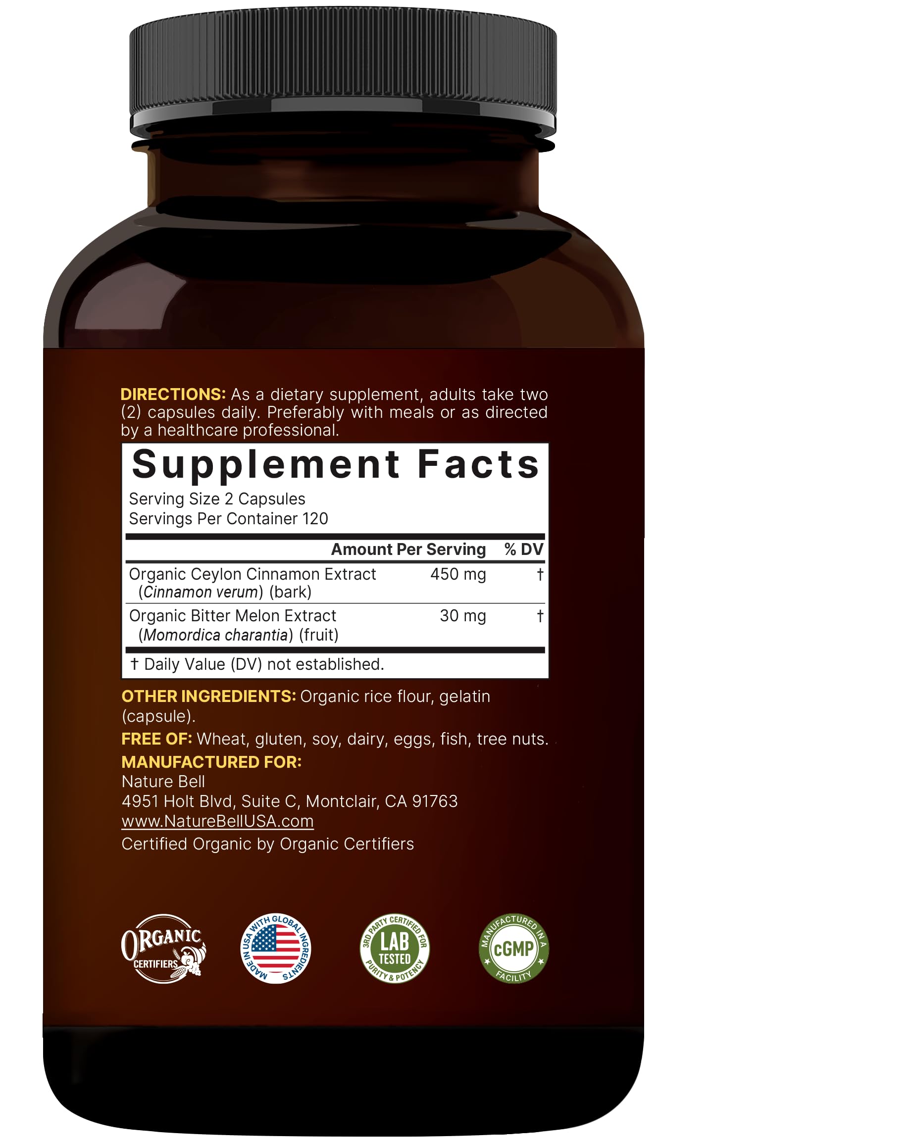 NatureBell Ceylon Cinnamon Per Serving - 240 Capsules | Organic Sri Lanka Cinnamon & Bitter Melon 2-in-1 Support | Non-GMO, Gluten-Free