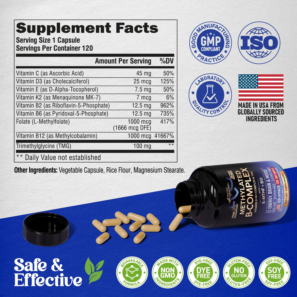Vitamin B Complex Methylated – 9-in-1 B Vitamins for Energy, Brain & Mood | Vegan | Made in USA | 120 Capsules