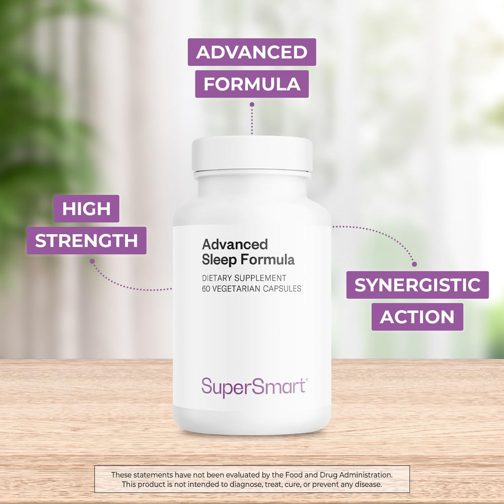 Supersmart Advanced Sleep Formula (High Strength) - Melatonin, Valerian, California Poppy | 60 Vegetarian Capsules | Non-GMO & Gluten Free