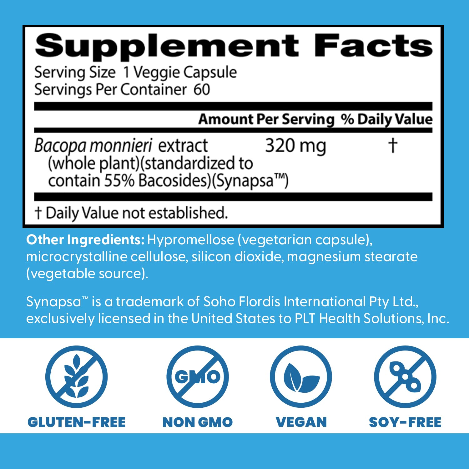 Doctor's Best Bacopa with Synapsa – Supports Cognitive Performance | Non-GMO, Gluten Free, Soy Free, Vegan | 60 Veggie Caps