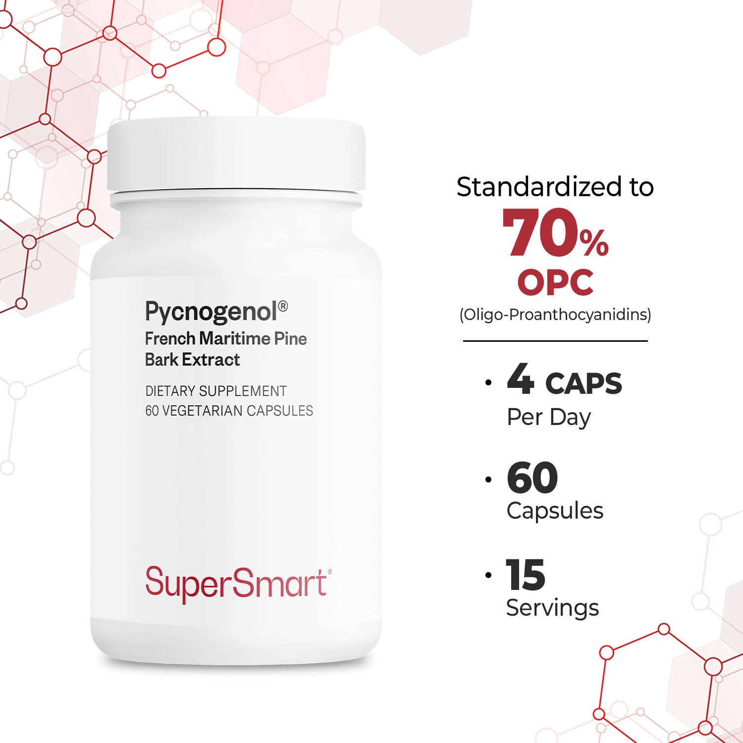 Supersmart Pycnogenol 200mg/day – French Pine Bark Extract, 60 Vegetarian Capsules | Patented & Highly Bioavailable | Non-GMO & Gluten Free