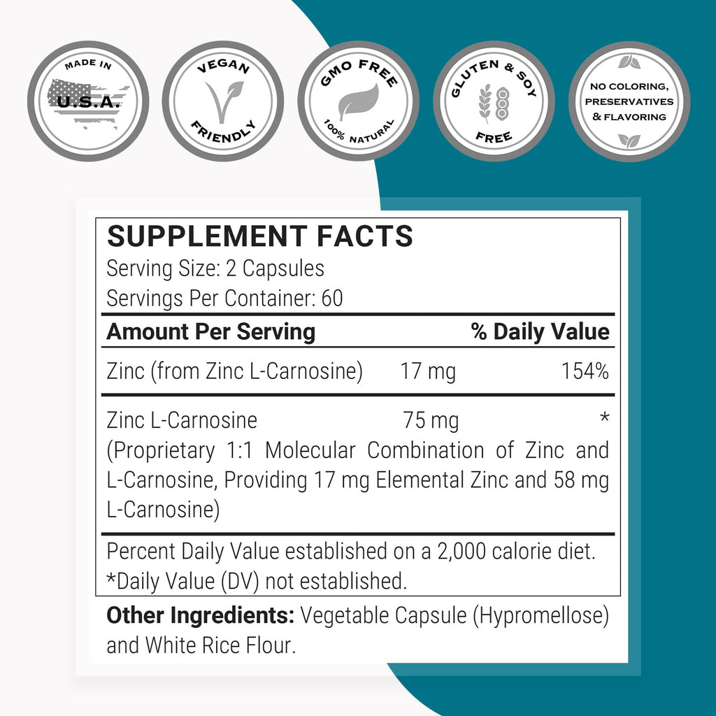 SuperSmart - Zinc L-Carnosine 75mg per Day (Well-Tolerated) - Zinc Carnosine Supplement | Non-GMO & Gluten Free - 120 Vegetarian Capsules