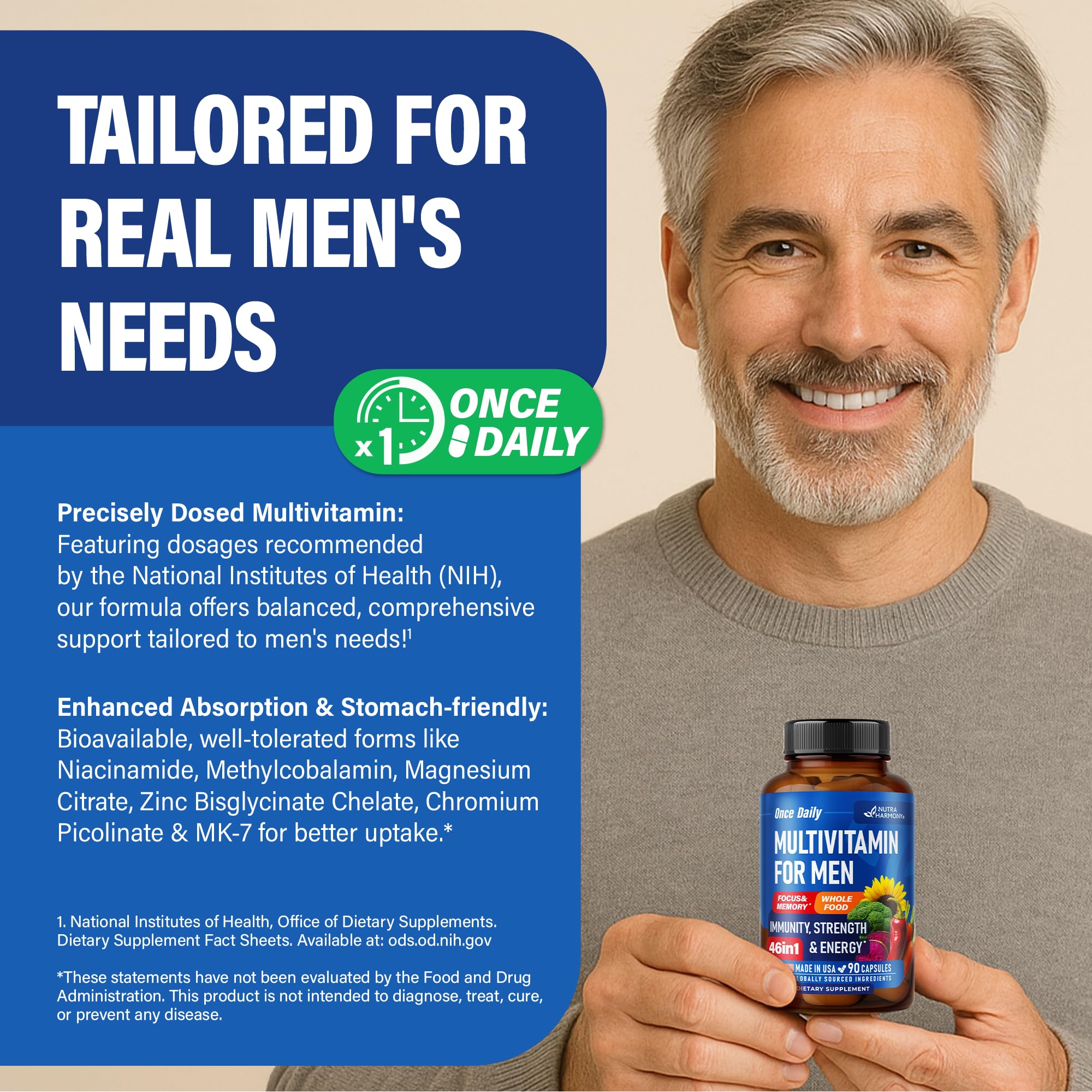 Multivitamin for Men 46in1 - Bioavailable & Gentle on Stomach | Made in USA - 90 Capsules