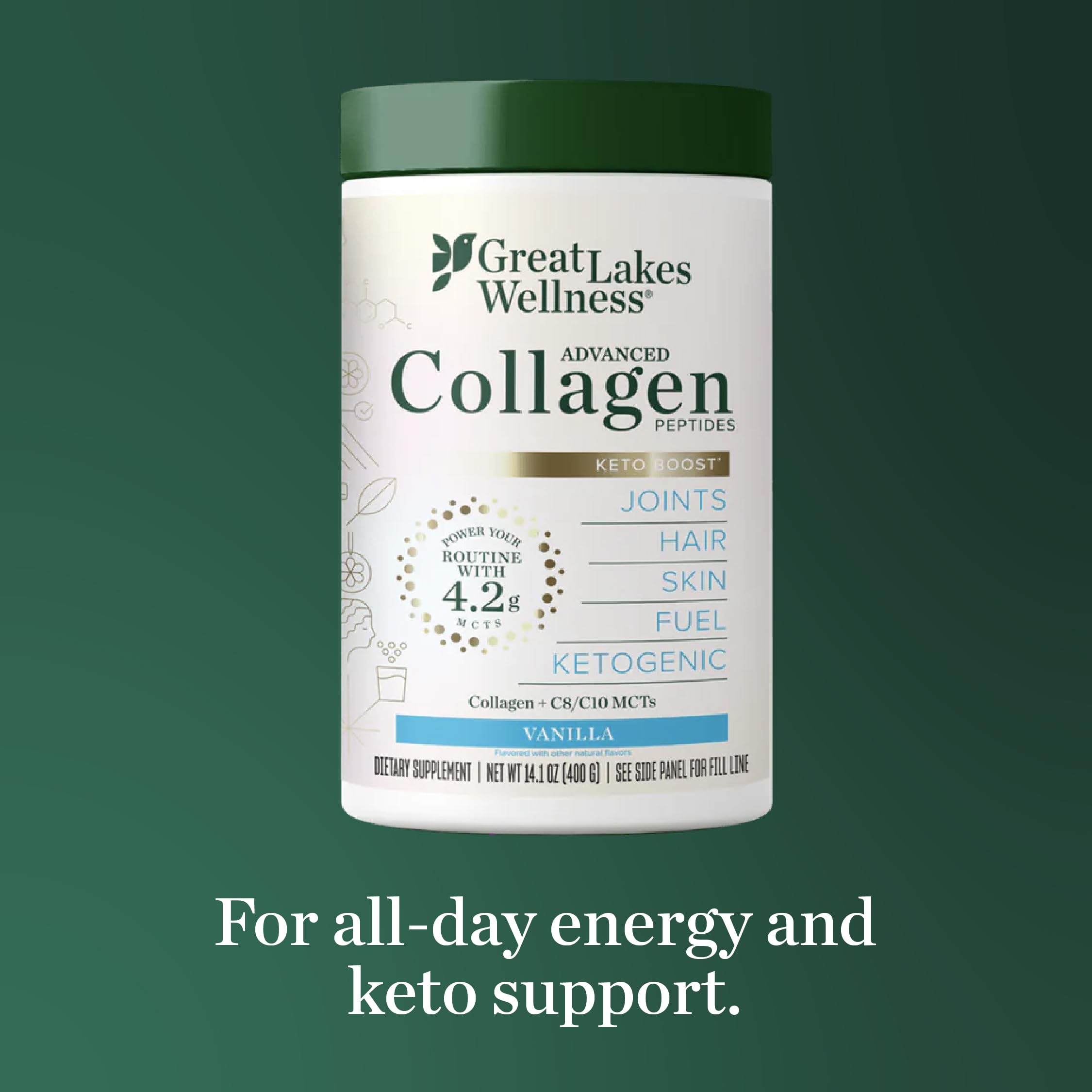 Great Lakes Wellness Keto Boost Collagen Peptides Powder – Vanilla, 14.1 oz | 4.2g MCTs, Non-Dairy Coffee Creamer, Non-GMO, Kosher