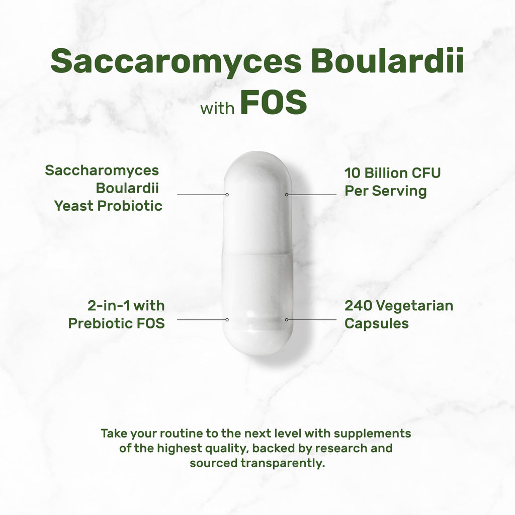 Saccharomyces Boulardii Probiotics + FOS – 10 Billion CFU, 240 Veggie Capsules | Gut, Immune & Digestive Health – Non-GMO