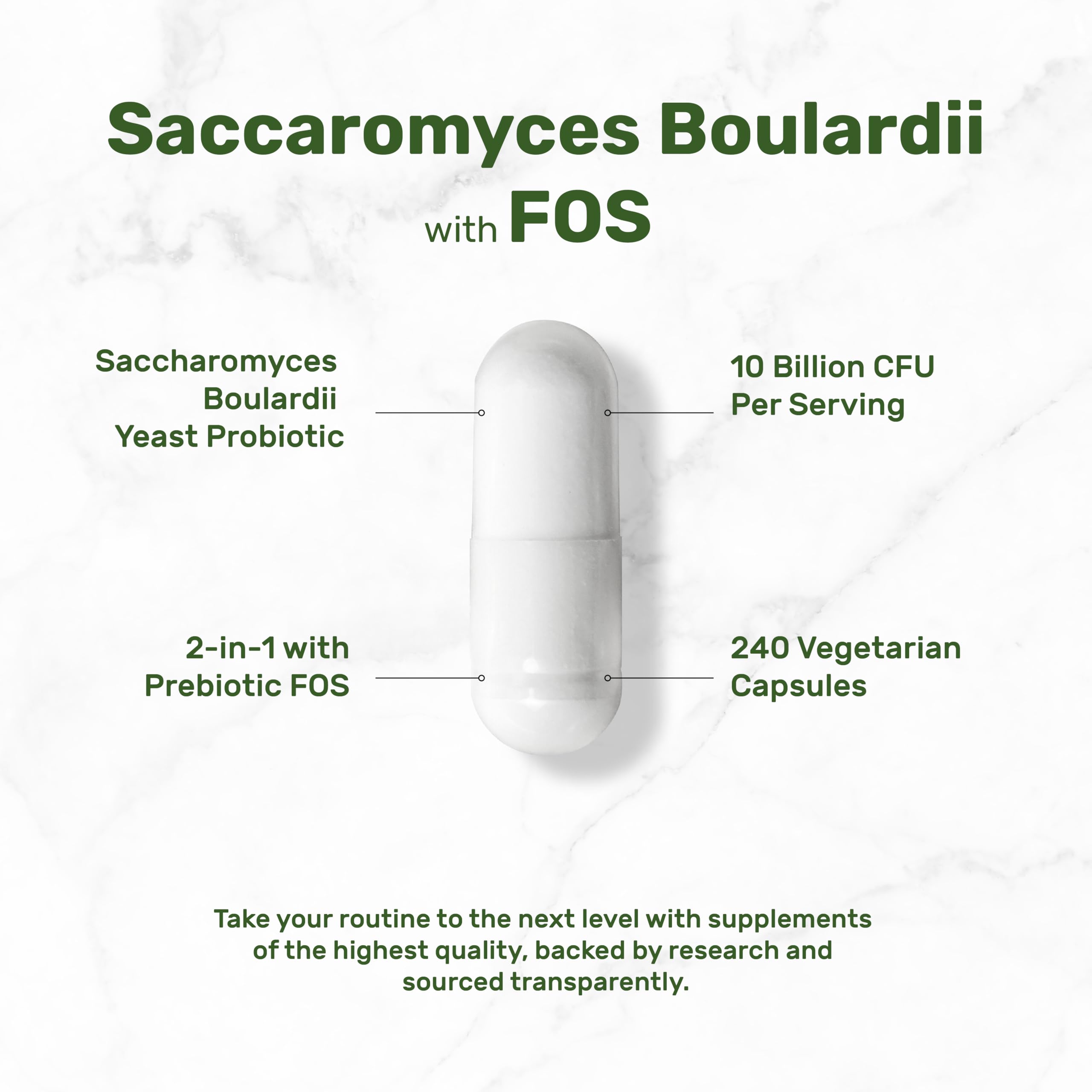 Saccharomyces Boulardii Probiotics + FOS – 10 Billion CFU, 240 Veggie Capsules | Gut, Immune & Digestive Health – Non-GMO