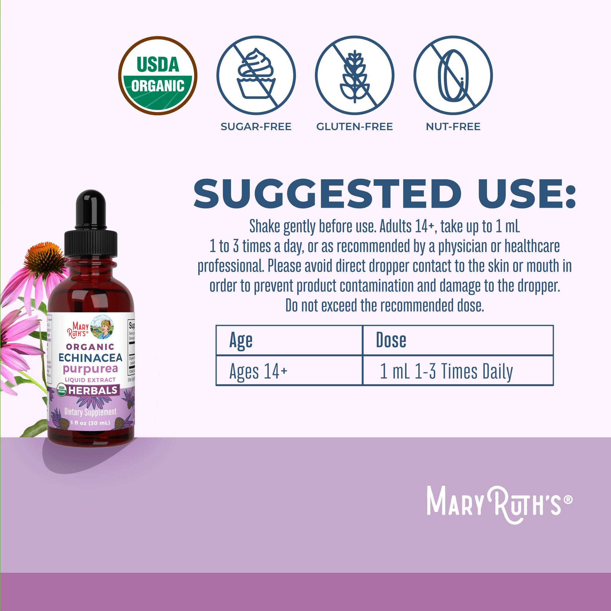 MaryRuth Organics Echinacea Purpurea Liquid | Immune Support Drops | USDA Organic | 1 Fl Oz