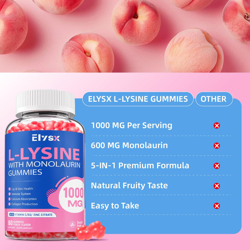 L-Lysine Gummies 1000mg with Monolaurin – Sugar-Free Peach Immune Support (60 Count)