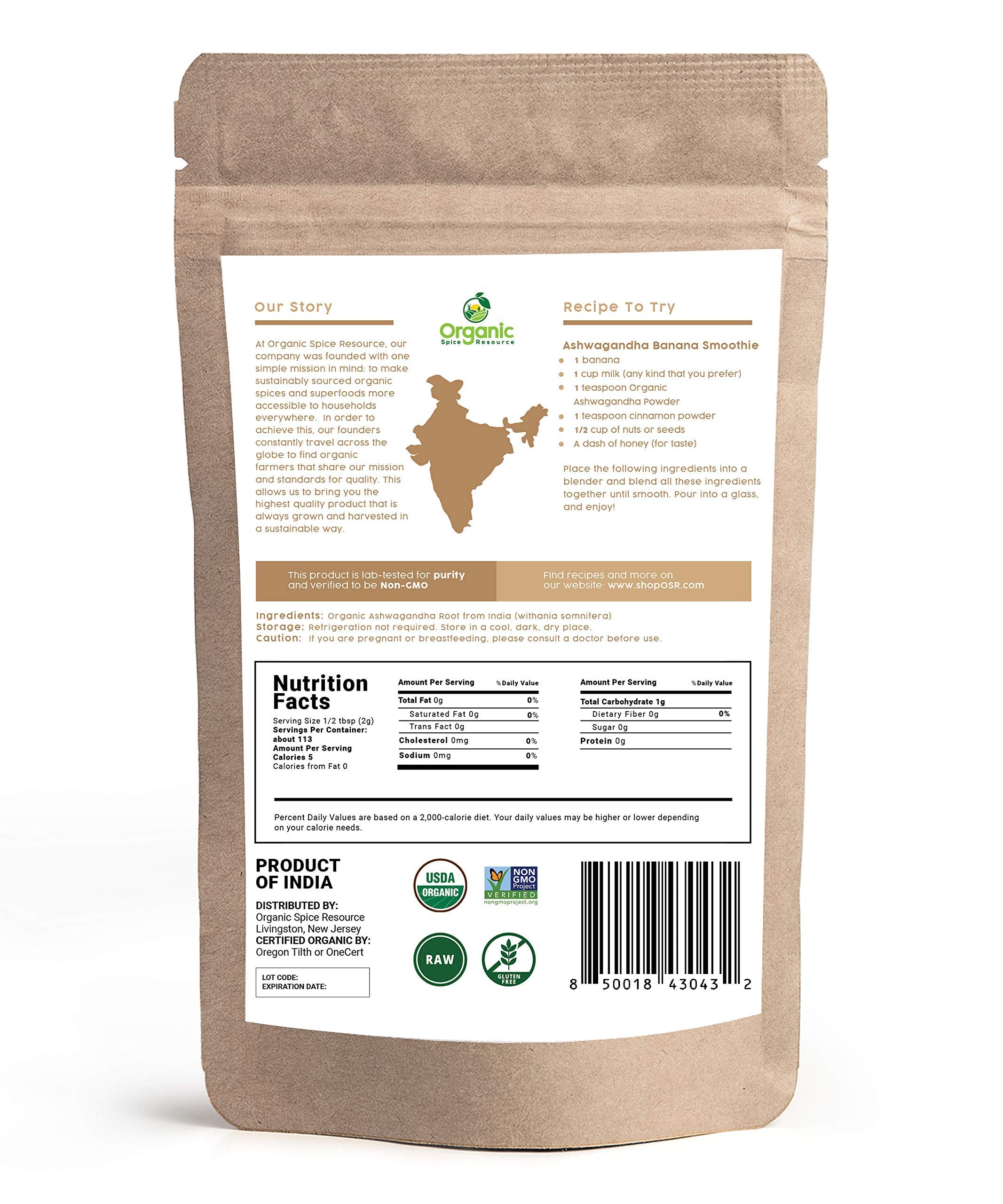 Organic Ashwagandha Root Powder - 8 oz | Lab Tested for Purity | Non-GMO | Resealable Kraft Bag | Withania Somnifera - Indian Ginseng | SHOPOSR