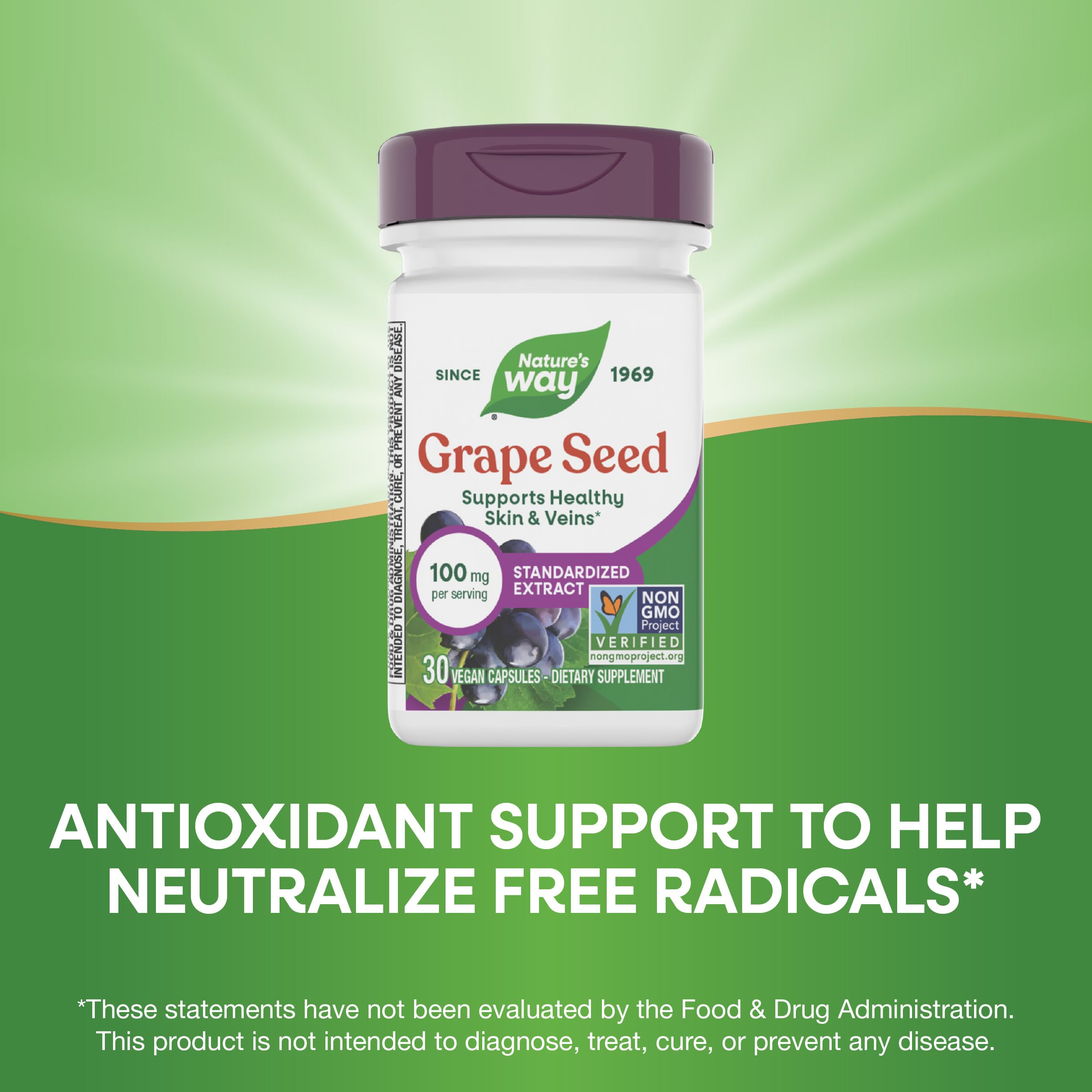 Nature's Way Grape Seed Standardized Extract – Supports Healthy Skin and Veins, Antioxidant Support, Non-GMO, Vegan, 30 Capsules