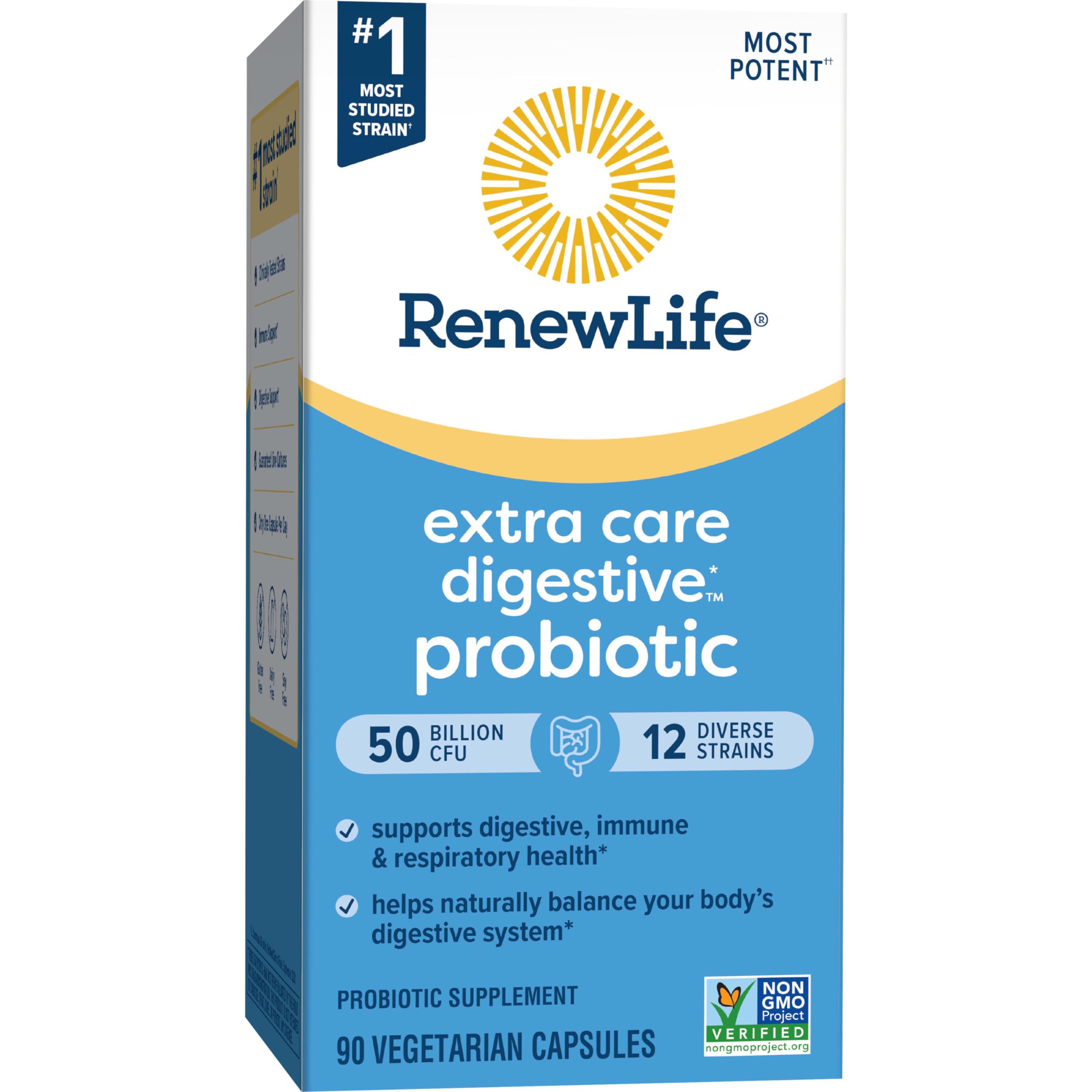 Renew Life Extra Care Probiotic – 50 Billion CFU, 12 Strains, 90 Caps | Gluten-Free, Dairy-Free, Soy-Free