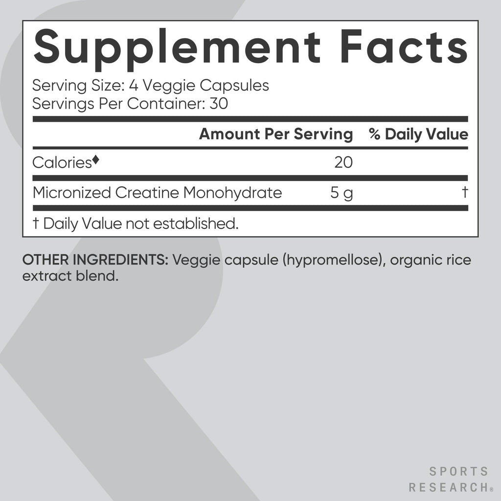 Sports Research Creatine Monohydrate Capsules - 5g per Serving, 30 Servings | Non-GMO, Vegan Certified