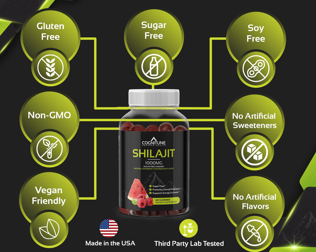 Shilajit Gummies 1000mg – Himalayan Shilajit with Fulvic Acid | Raspberry-Watermelon, Vegan, Sugar-Free