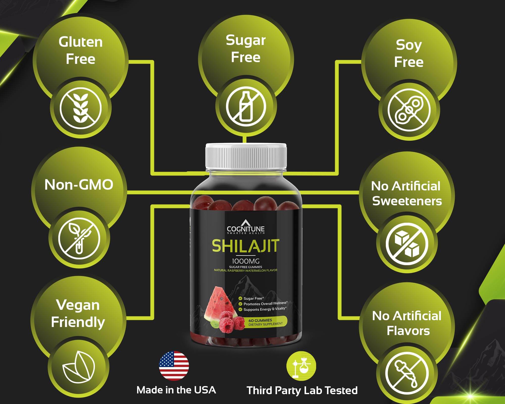 Shilajit Gummies 1000mg – Himalayan Shilajit with Fulvic Acid | Raspberry-Watermelon, Vegan, Sugar-Free