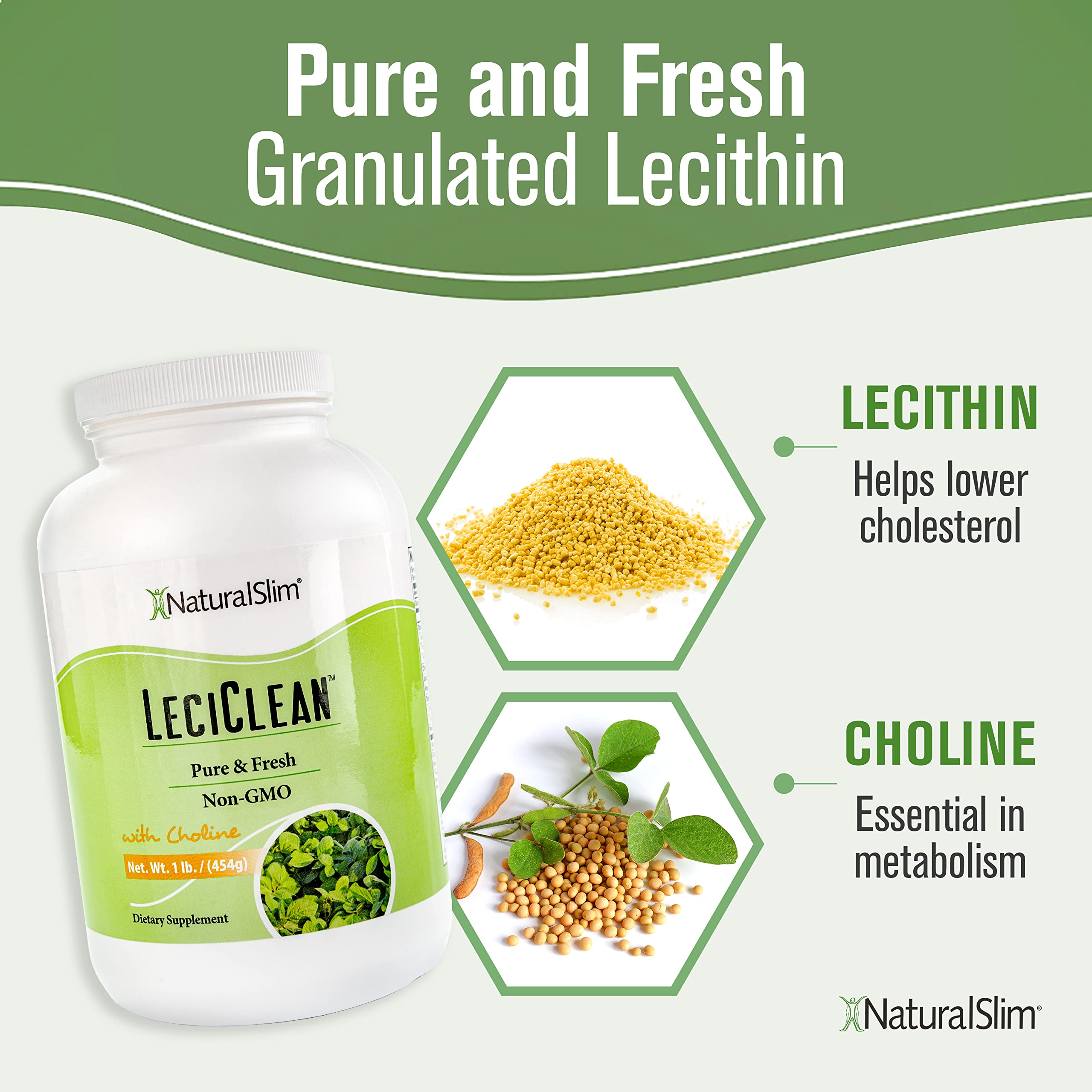 NaturalSlim Soy Lecithin Granules with Choline – Pure, Non-GMO Lecithin Powder (1 lb) for Brain, Heart & Liver Support