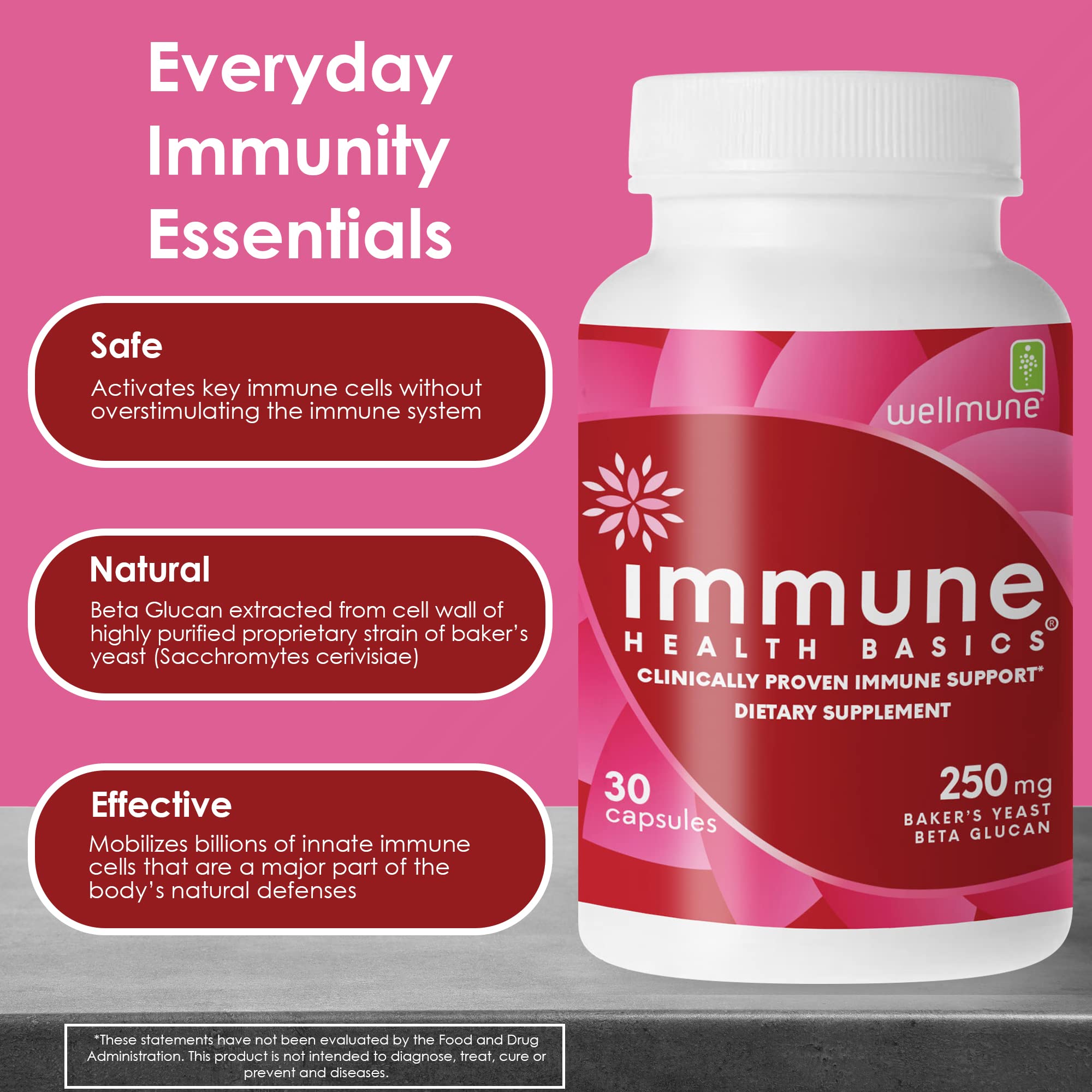 Immune Health Basics Ultra Strength Immunity - Clinically Proven Immune Support - Wellmune Highly Purified Beta Glucan - Gluten-Free, Non-allergenic, Non-GMO and Vegan Capsules - 30 Capsules, 250 mg