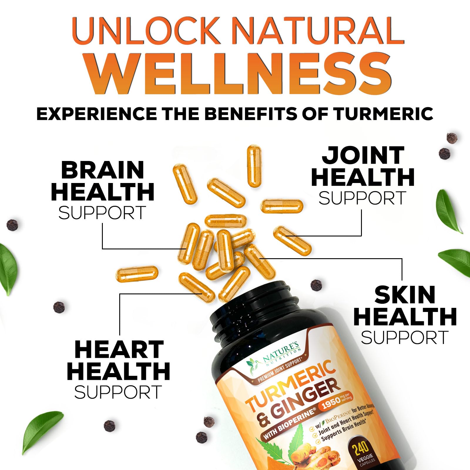 Turmeric Curcumin 1950mg – 95% Curcuminoids, Organic Turmeric & Ginger, BioPerine | 240 Capsules
