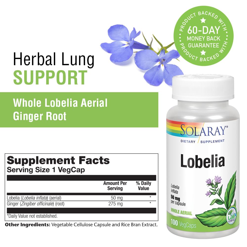 SOLARAY Lobelia Aerial 50mg | Respiratory & Bronchial Support | Ginger Root | Non-GMO & Vegan | 100 VegCaps
