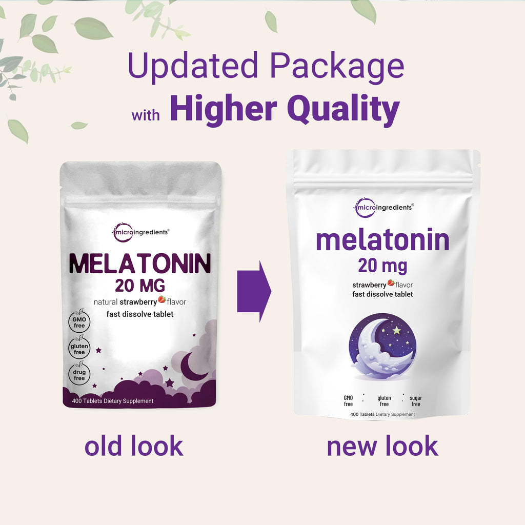 Micro Ingredients Melatonin 20mg, 400 Tablets | Natural Strawberry Flavor | Fast Dissolve | No Drug | Vegetarian Friendly | Non-GMO, No Gluten, Sugar Free