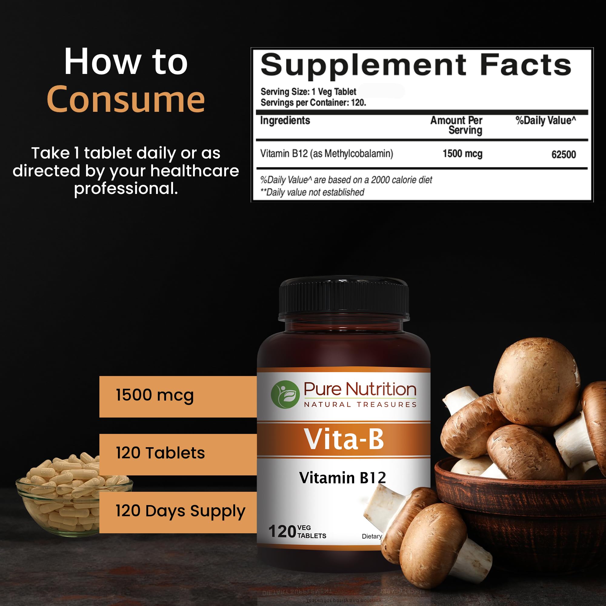 Pure Nutrition Vitamin B12 1500mcg Methylcobalamin | 120 Veg Tabs | Non-GMO