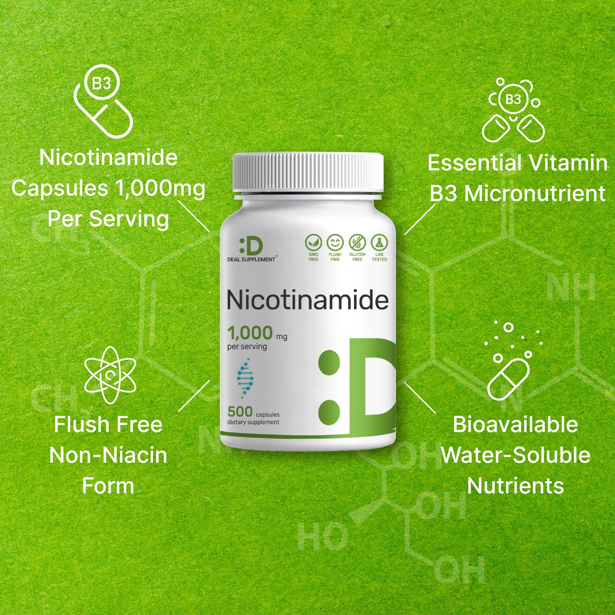 Vitamin B3 Nicotinamide 1,000mg Per Serving – 500 Capsules, Flush Free Niacin, Essential B3 – Supports Healthy Skin & Energy Production – Non-GMO