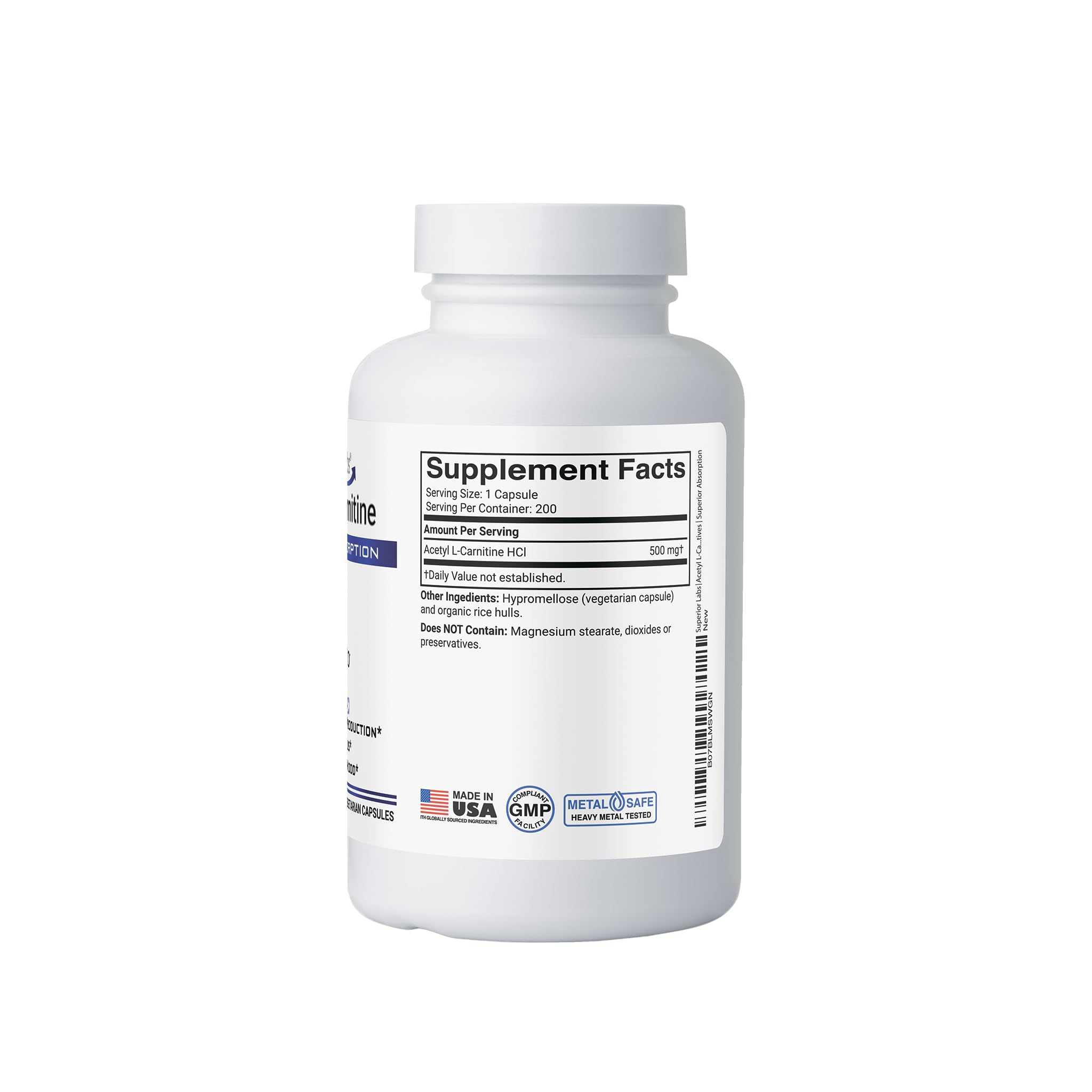 Superior Labs Acetyl L-Carnitine 500 mg - 200 Veg Caps - Non-GMO