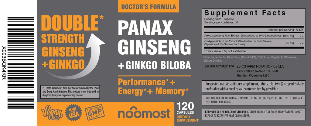 NooMost Korean Red Panax Ginseng + Ginkgo Biloba – 120 Vegan Capsules