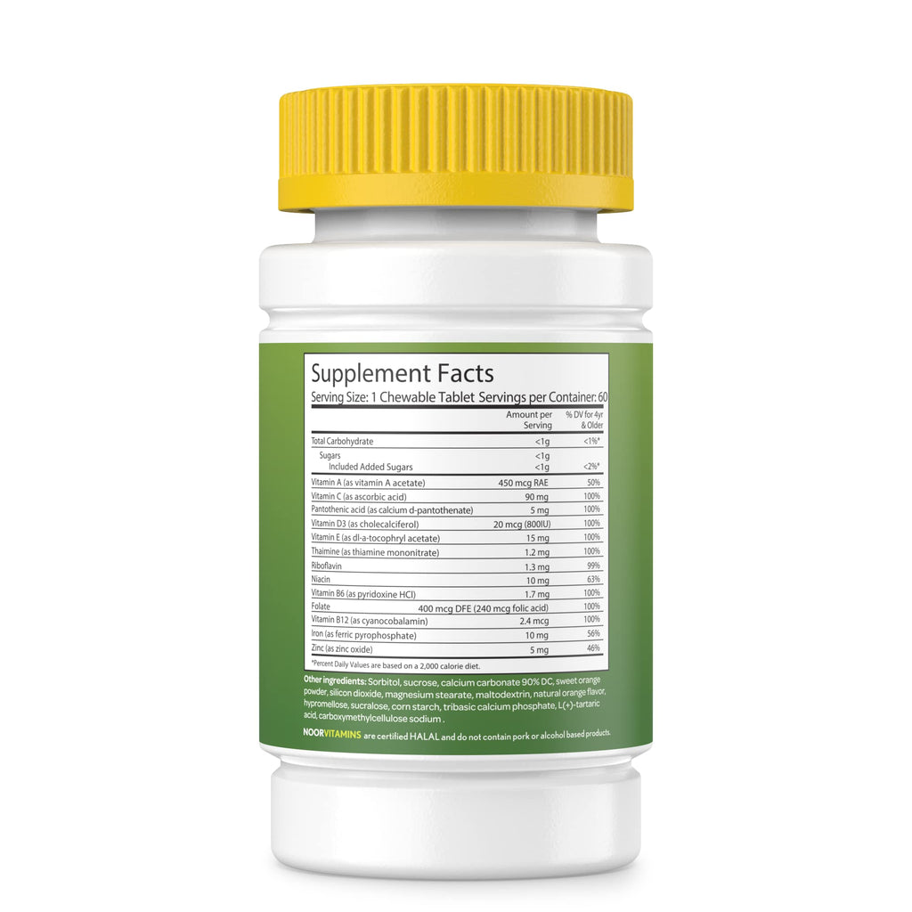 Noor Vitamins Halal Kids Multivitamin Chewable - Immune, Bone & Eye Health | Iron, Non-GMO, Gluten Free - 60 Count