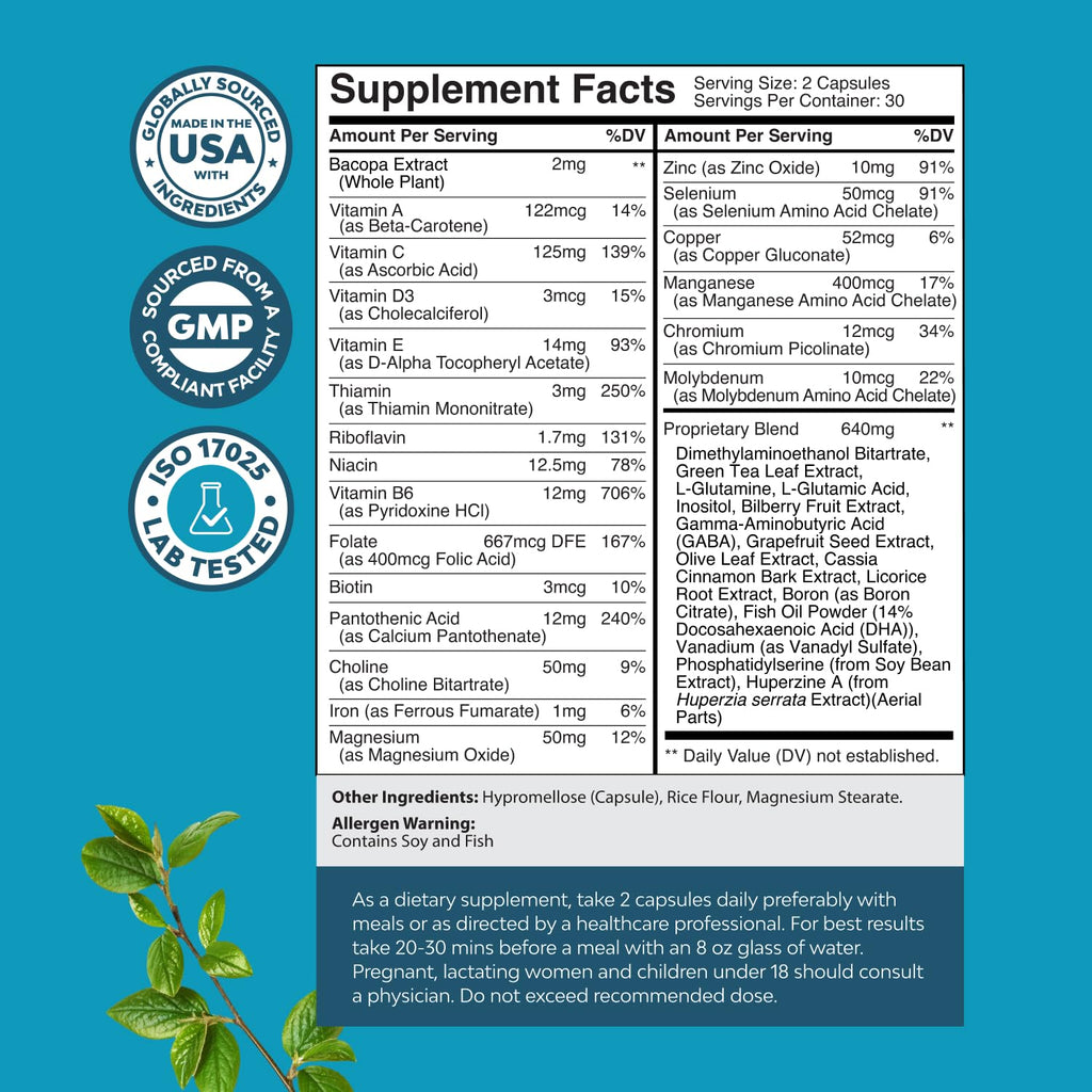 Nootropic Brain Supplement for Memory & Focus – Bacopa Monnieri & B Vitamins (60 Ct)