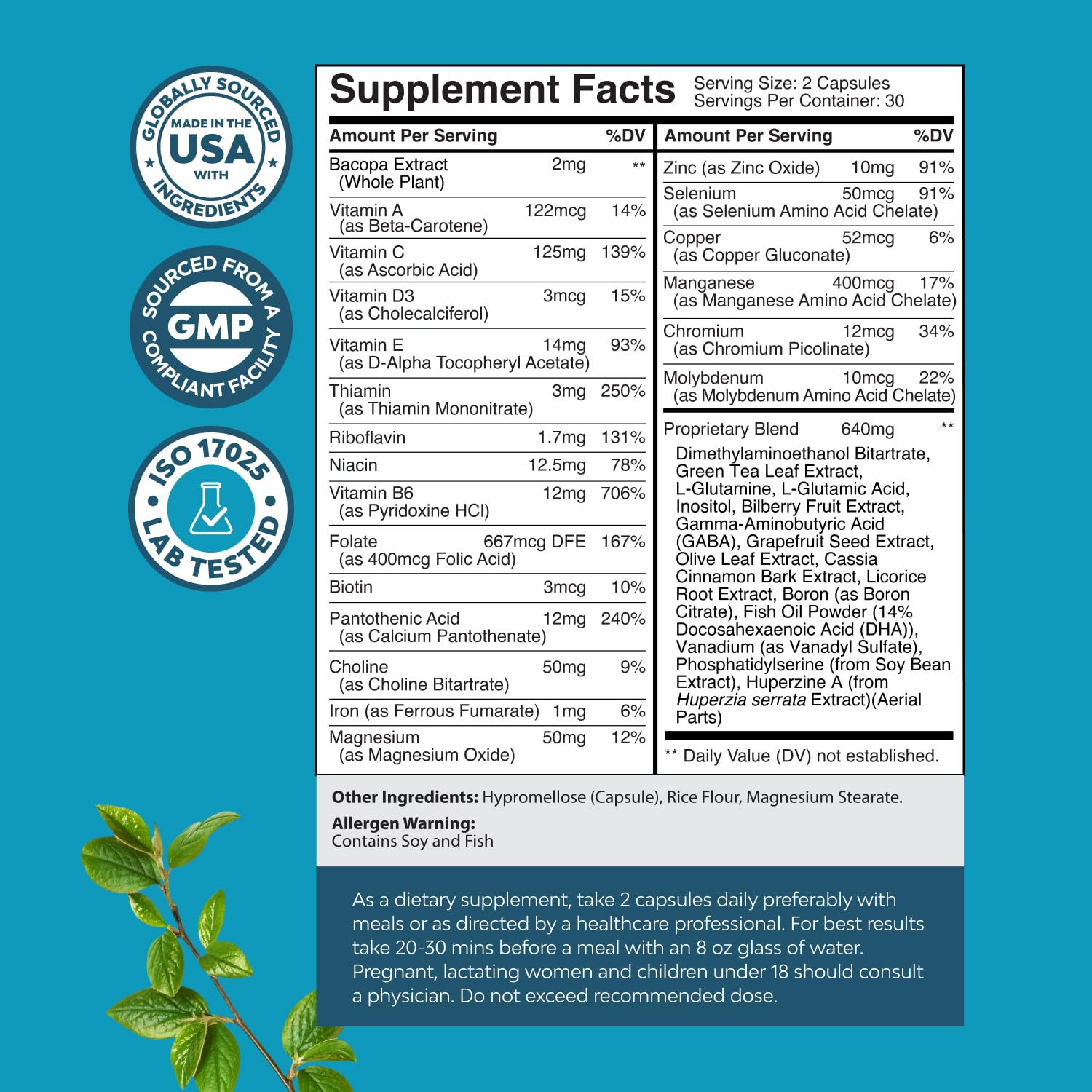 Nootropic Brain Supplement for Memory & Focus – Bacopa Monnieri & B Vitamins (60 Ct)