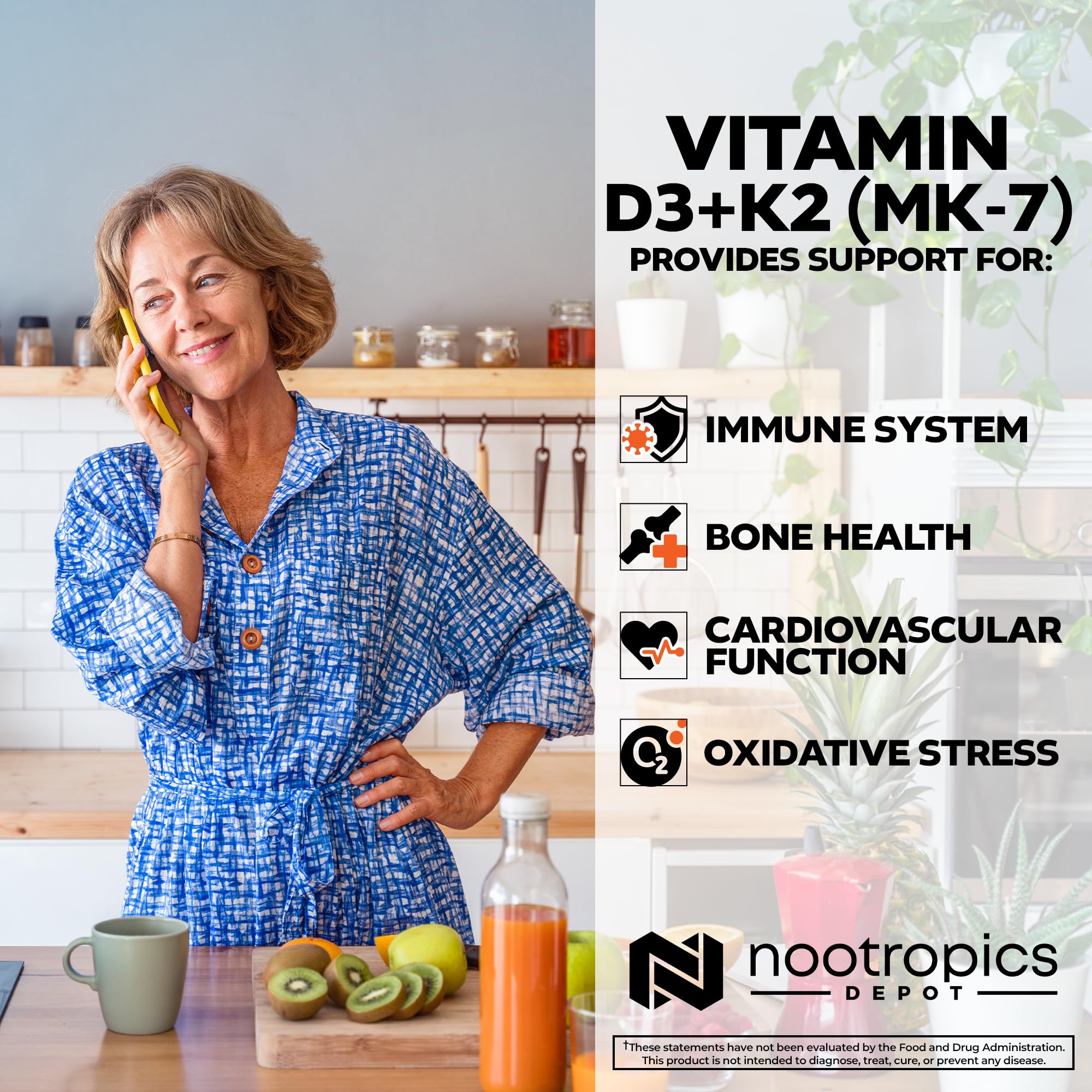 Nootropics Depot Vitamin D3 + K2 with Vitamin C Tablets – 365 Count, 125µg (5000 IU) Year Supply