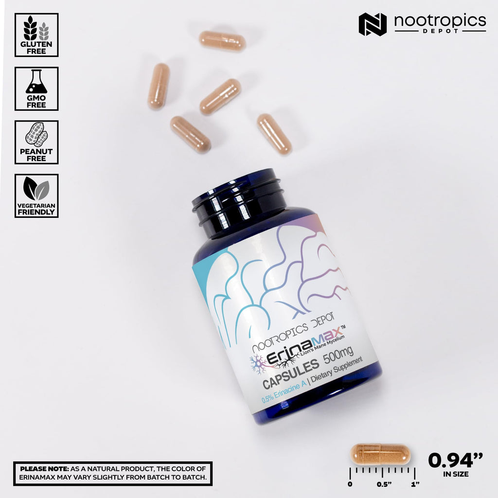 Nootropics Depot Erinamax Lion's Mane 500mg Capsules | Liquid Culture Mycelium | 2.5 mg Erinacine A | Mood, Cognition, & Nerve Support | 120 Count