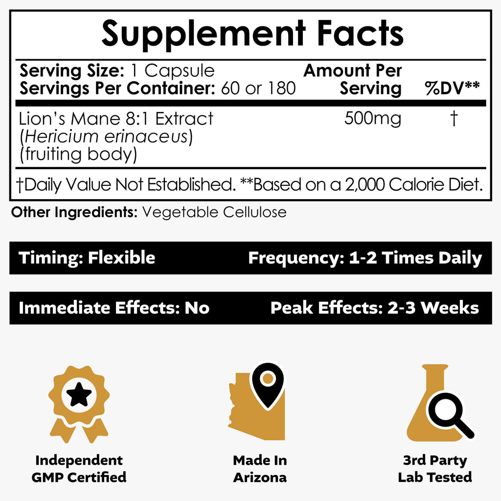 Nootropics Depot Lion's Mane Mushroom Capsules 500mg | 60 Count | 8:1 Dual Extract