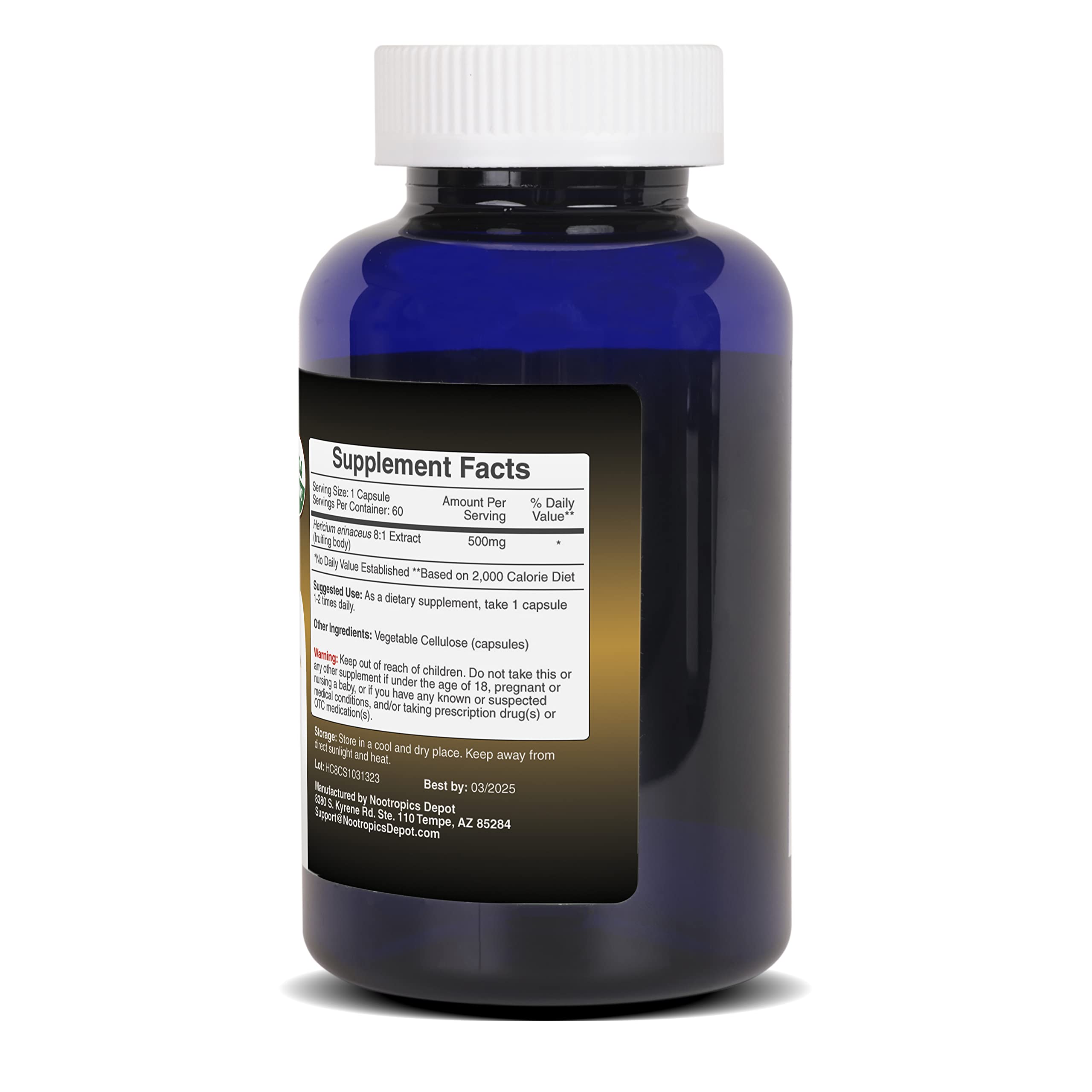 Nootropics Depot Lion's Mane Mushroom Capsules 500mg | 60 Count | 8:1 Dual Extract