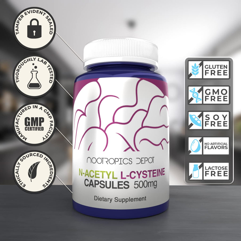Nootropics Depot NAC 500mg N-Acetyl L-Cysteine Capsules | 60 Count | Liver Support & Glutathione
