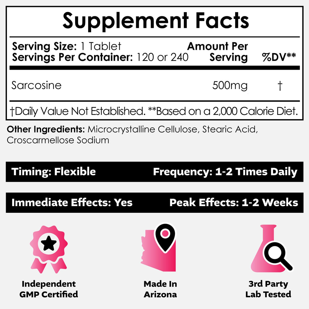 Nootropics Depot Sarcosine Tablets 500mg | 240 Count | Chewable