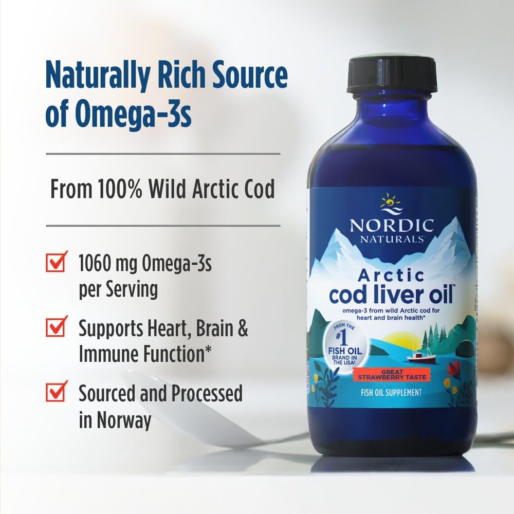 Nordic Naturals Arctic Cod Liver Oil Strawberry - 8 oz | 1060 mg Omega-3s | EPA & DHA | Heart & Brain Health | Non-GMO | 48 Servings