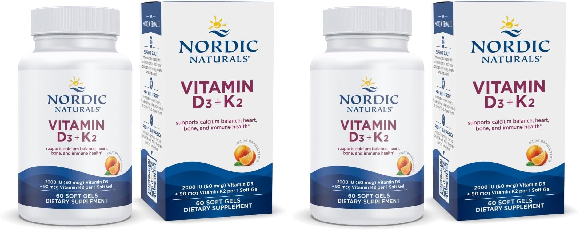 Nordic Naturals Vitamin D3 + K2 Orange Taste – 60 Soft Gels (Pack of 2) | Supports Bones, Immune Function & Calcium Balance