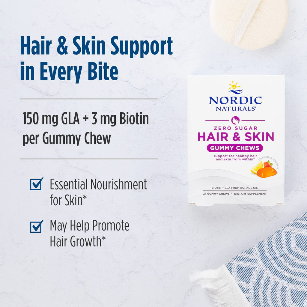 Nordic Naturals Zero Sugar Hair & Skin Gummy Chews Biotin + GLA