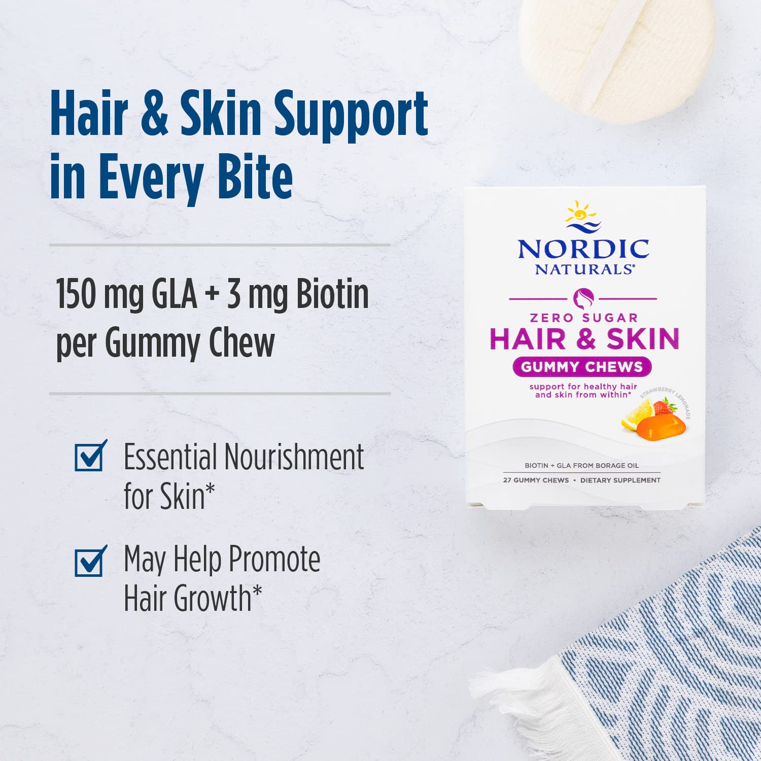Nordic Naturals Zero Sugar Hair & Skin Gummy Chews Biotin + GLA