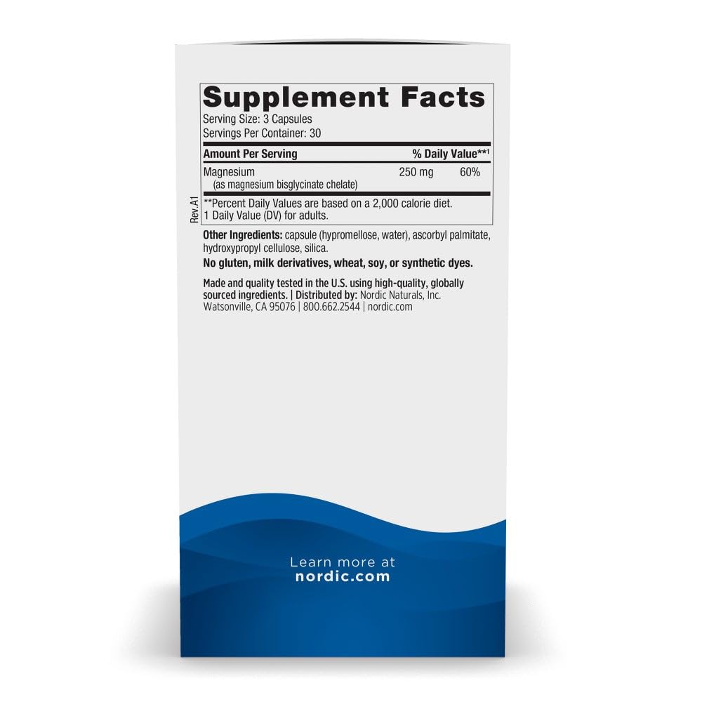 Nordic Naturals Vegetarian Magnesium Glycinate Capsules – 90 Count, 250 mg per Serving | Non-GMO, Unflavored